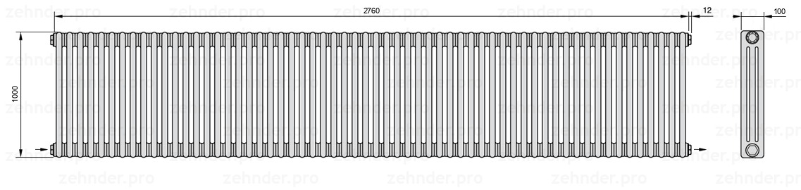 Схема (чертеж) Радиатор Zehnder Charleston 3100/60 №2670 Белый глянцевый RAL 9016